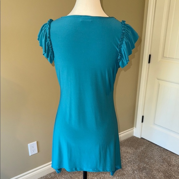 Clientele Shirt Embellished Short Flutter Sleeve Asymmetric Tunic Teal Burgundy - Picture 4 of 15